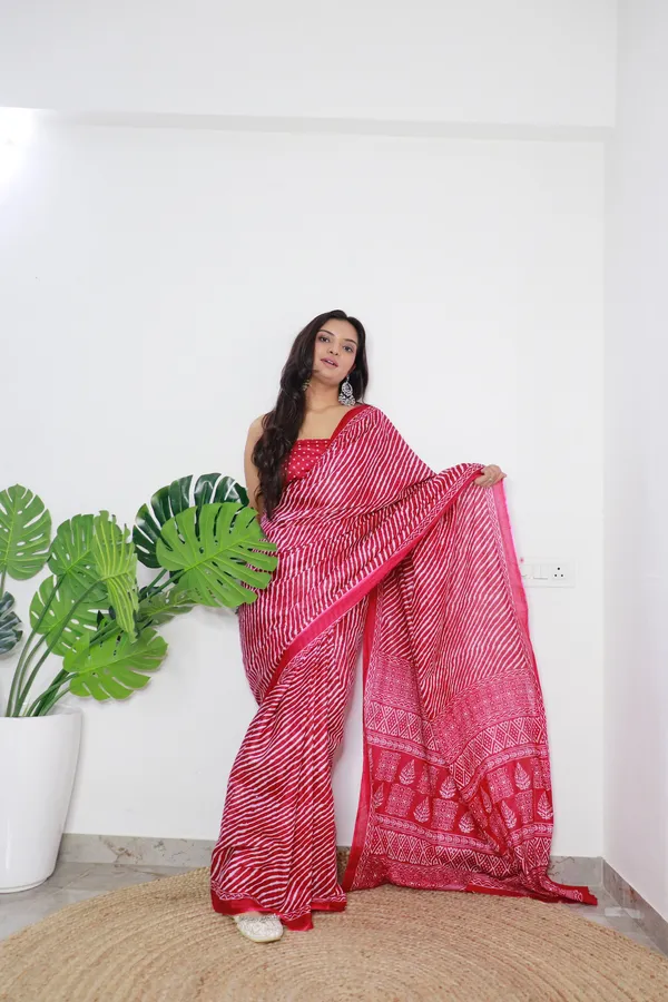 HANDICRAFT_WOMEN'S_LEHARIYA_PRINT_PURE_SOFT_COTTON_SAREE_WITH_BLOUSE_PIECE_With_Blouse_Piece